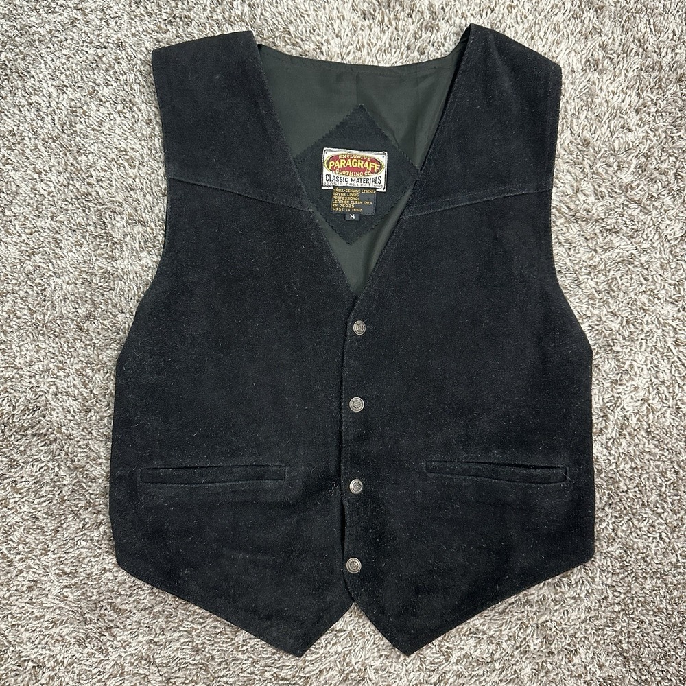Vintage Paragraff Western Suede Leather Vest Mens Medium Black Solid Snap Up